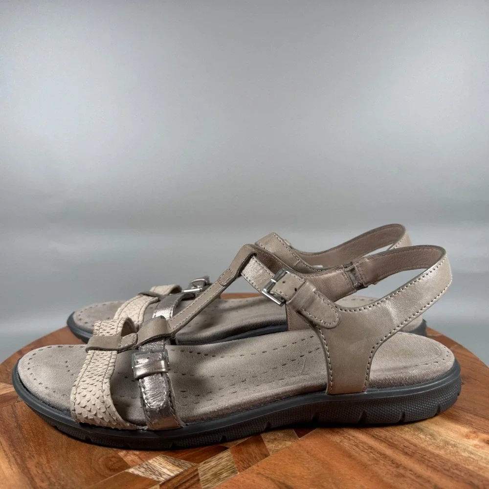 ECCO Womens Cruise Strappy Sandal Taupe Silver Snake‎ Print Leather EU 41 US 10
